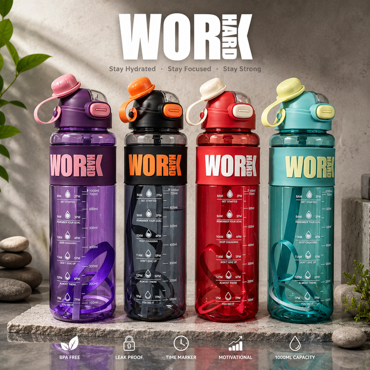 قمقمه انگیزشی ۱ لیتری مدل WORK HARD - نشکن، بدون BPA و دارای نشانگر زمان