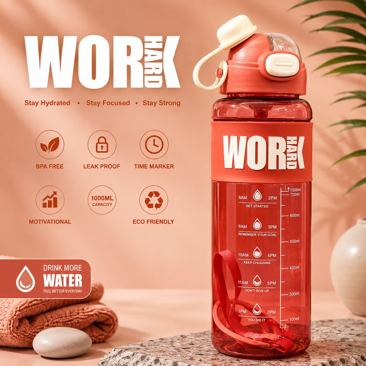 قمقمه انگیزشی ۱ لیتری مدل WORK HARD - نشکن، بدون BPA و دارای نشانگر زمان