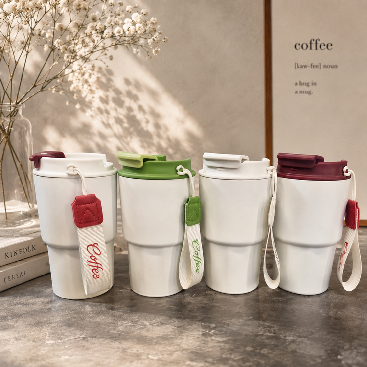 تراول ماگ استیل دوجداره Coffee بنددار در رنگهای سفید سبز و زرشکی