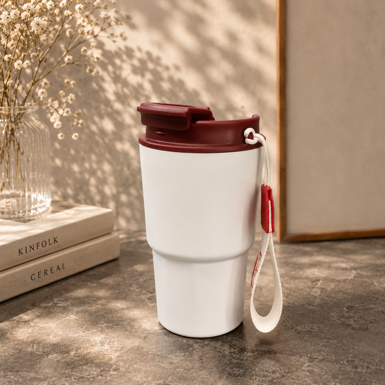 تراول ماگ استیل دوجداره Coffee بنددار در رنگهای سفید سبز و زرشکی